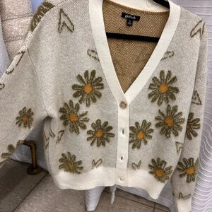 Cream Floral V-Neck Sweater